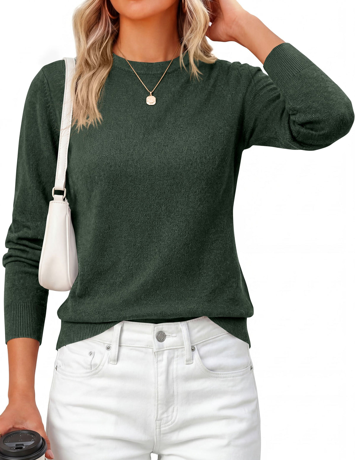 Women's Knit Crew Neck Relaxed-Fit Classic Sweater – Dark Green