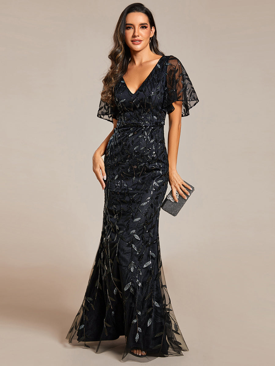 Women's Sequin V-Neck Fishtail Leaf-Motif Evening Dress – Black