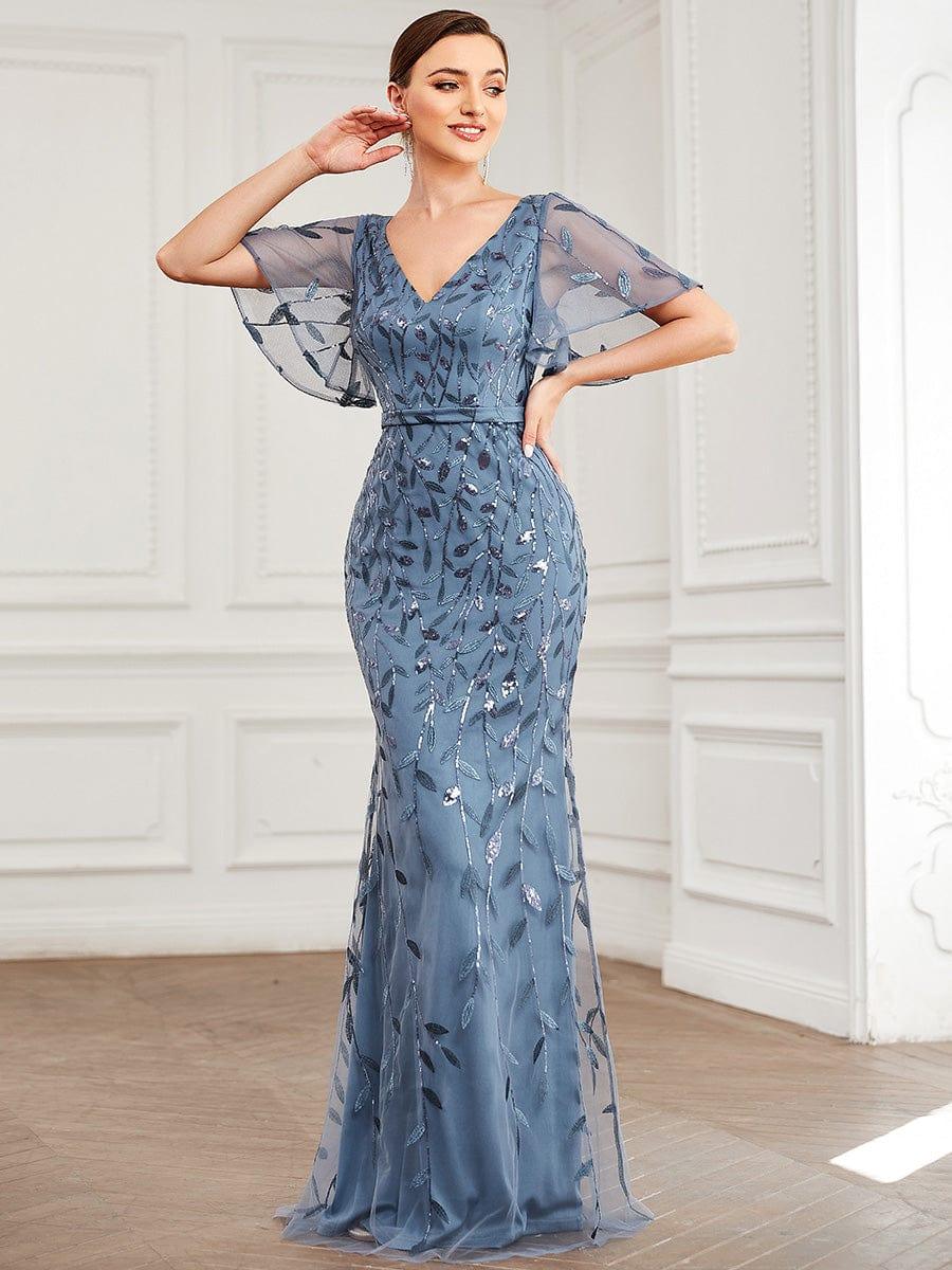 Women's Sequin V-Neck Fishtail Leaf-Motif Evening Dress – Dusty Blue