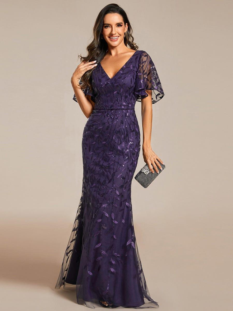 Women's Sequin V-Neck Fishtail Leaf-Motif Evening Dress – Dark Purple