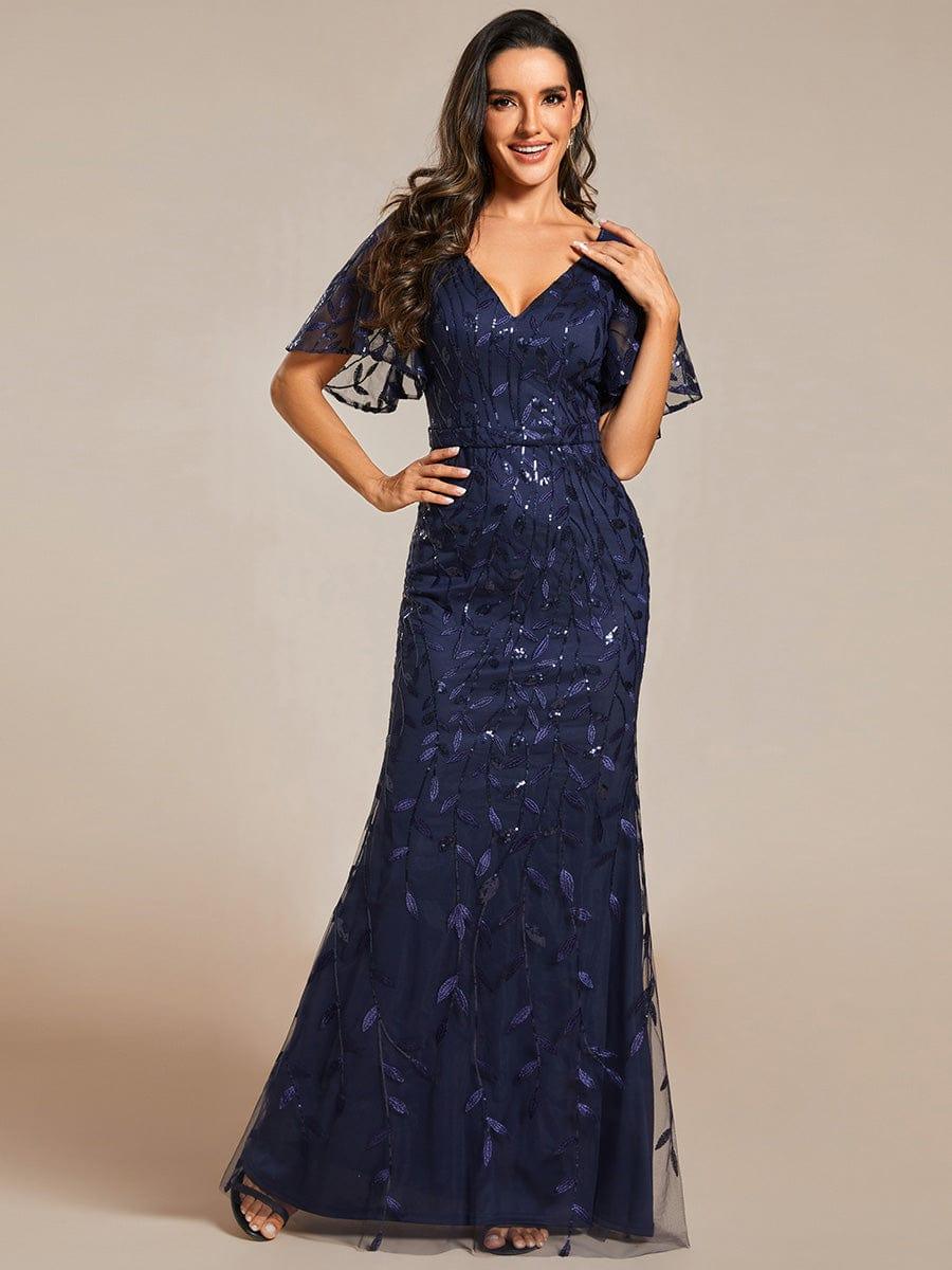 Women's Sequin V-Neck Fishtail Leaf-Motif Evening Dress – Navy Blue