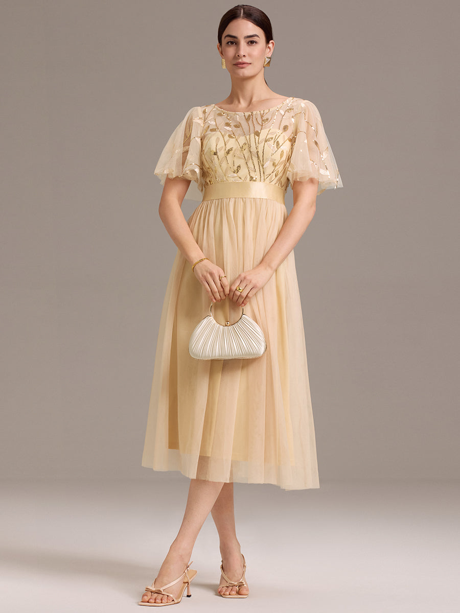 Women's Sequin Mesh Leaf-Motif Midi Dress – Gold