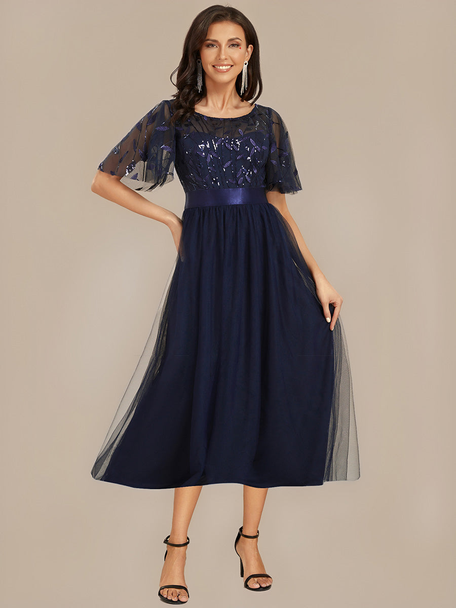 Women's Sequin Mesh Leaf-Motif Midi Dress – Navy Blue