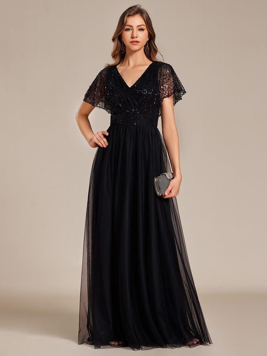 Women's Sequin V-Neck A-Line Formal Evening Dress – Black