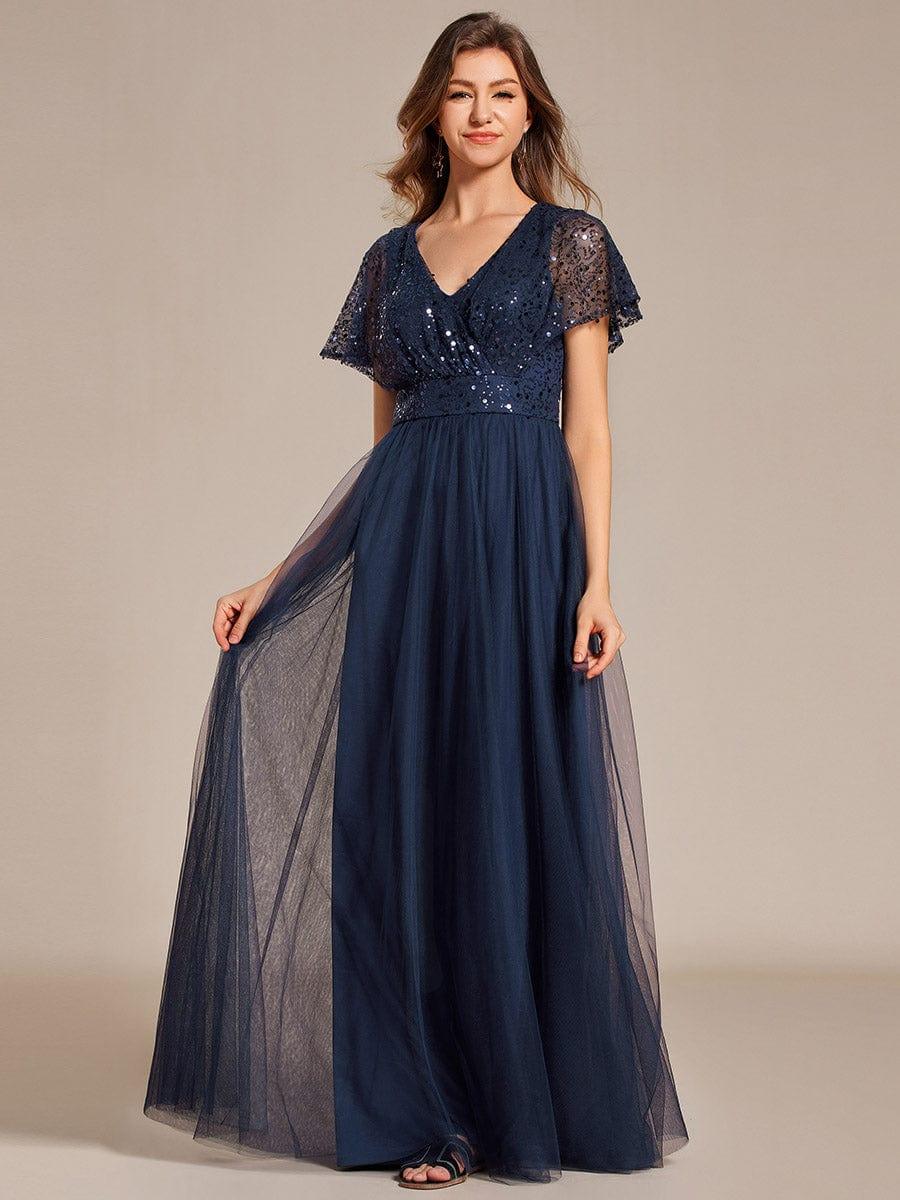 Women's Sequin V-Neck A-Line Formal Evening Dress – Navy Blue