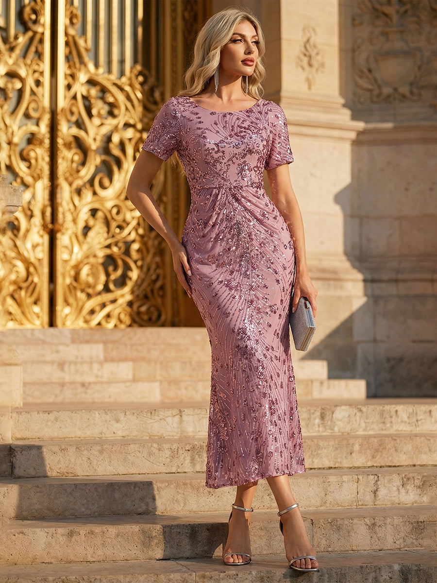 Women's Sequin Crew Neck Mermaid Evening Dress – Purple Orchid