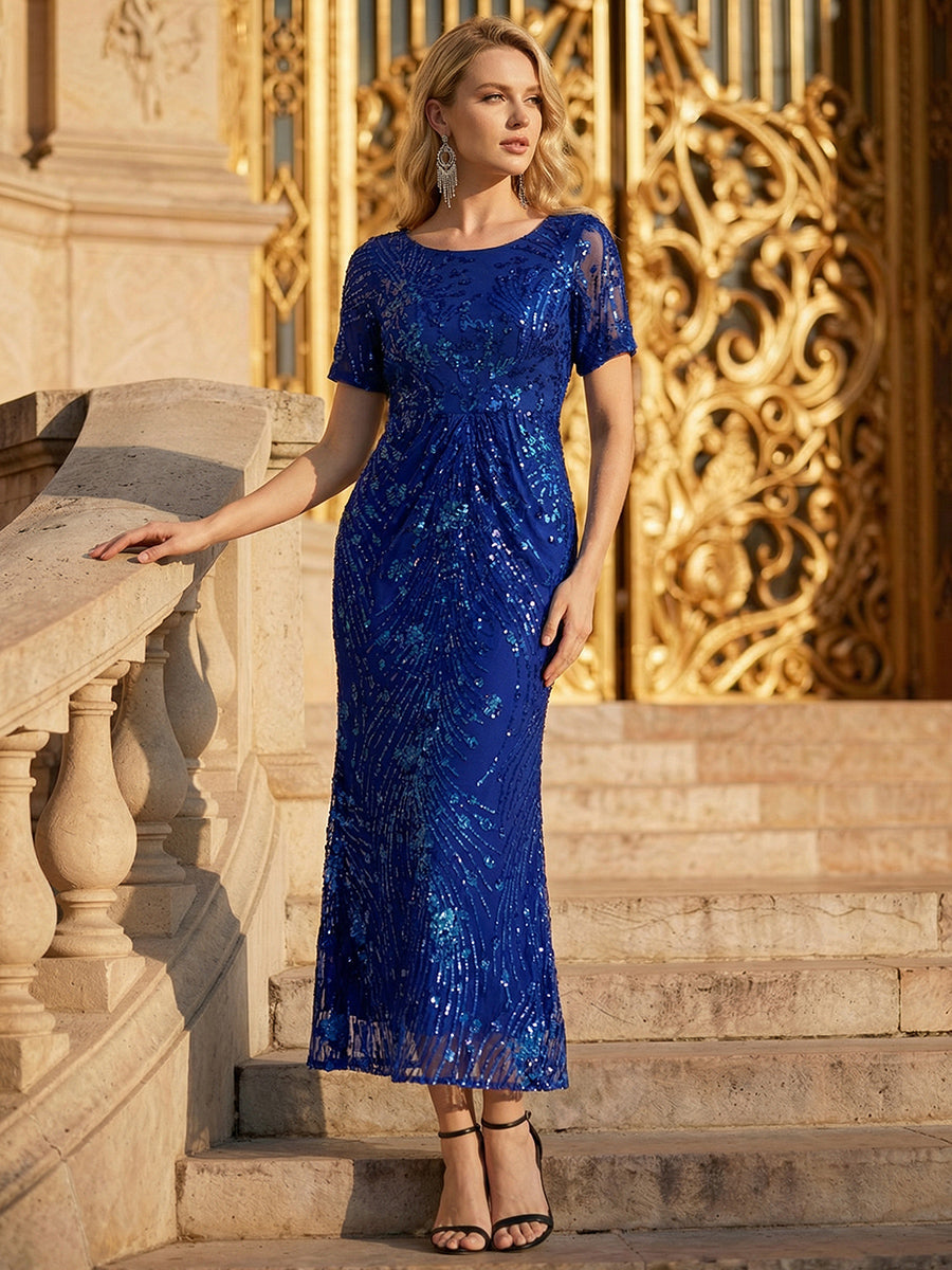 Women's Sequin Crew Neck Mermaid Evening Dress – Sapphire Blue