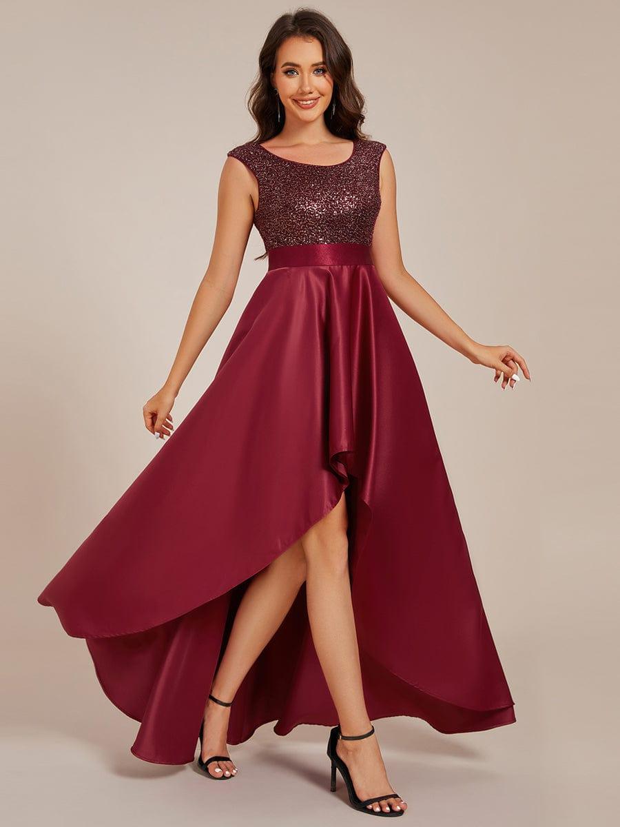Women's Formal Satin Sequin Party Dress – Sleeveless, High-Low