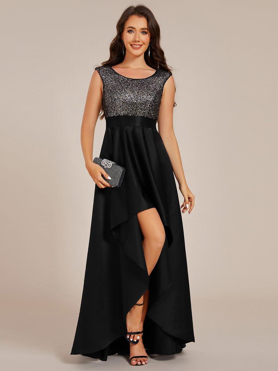 Women's Sequin Sleeveless Formal Satin Evening Dress – Black