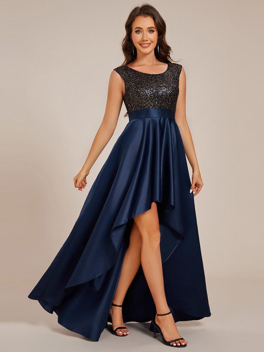 Women's Sequin Sleeveless Formal Satin Evening Dress – Navy Blue