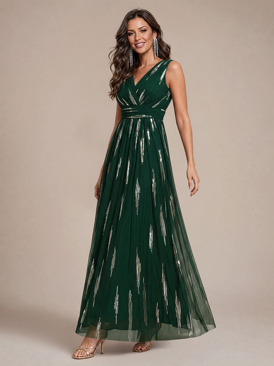 Women's Sequin Sleeveless A-Line Tulle Maxi Dress – Dark Green
