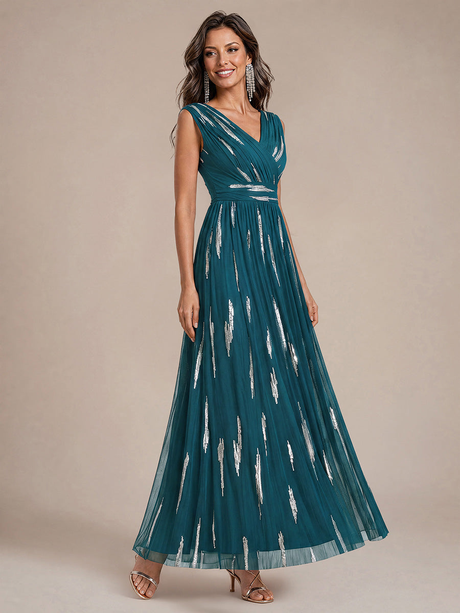 Women's Sequin Sleeveless A-Line Tulle Maxi Dress – Teal Blue
