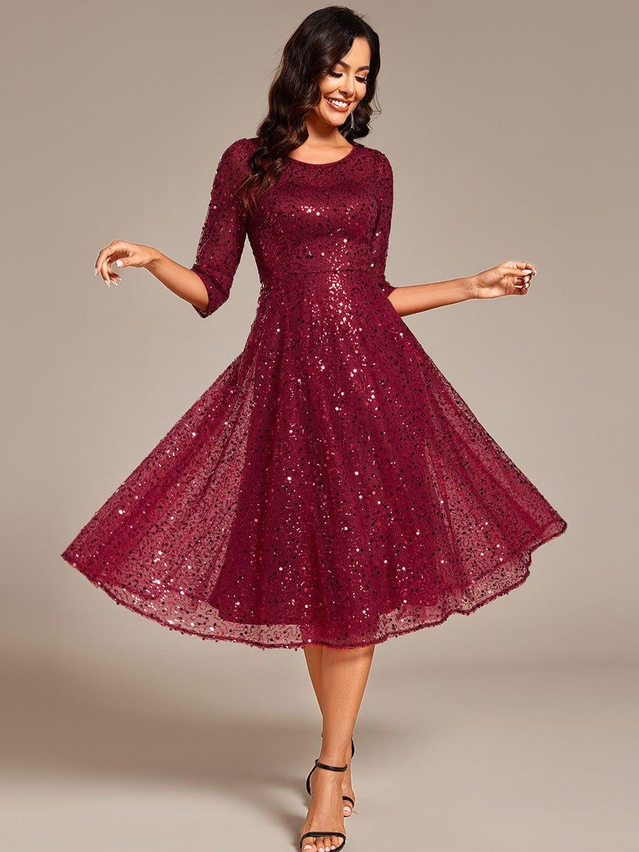 Women's Sequin Crew Neck Sparkly Midi Dress – Burgundy