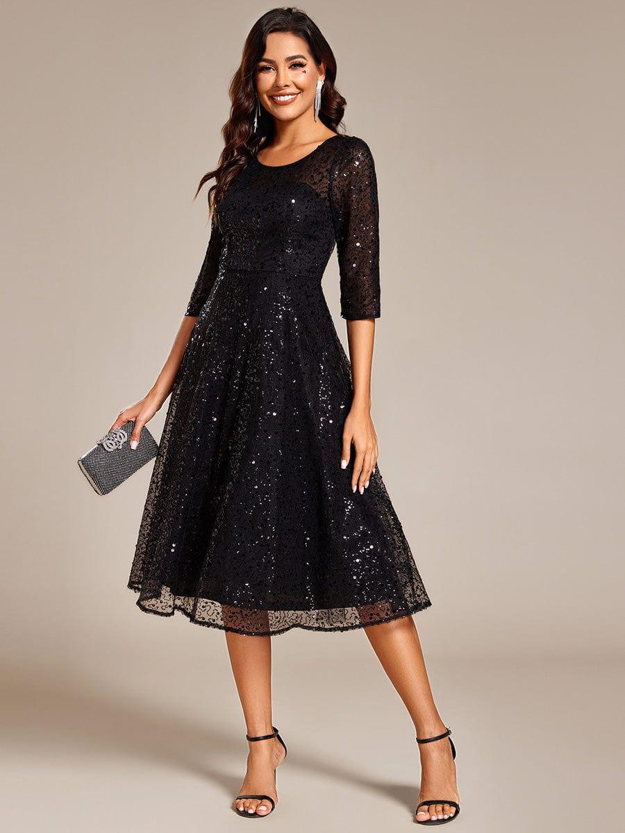 Women's Sequin Crew Neck Sparkly Midi Dress – Black