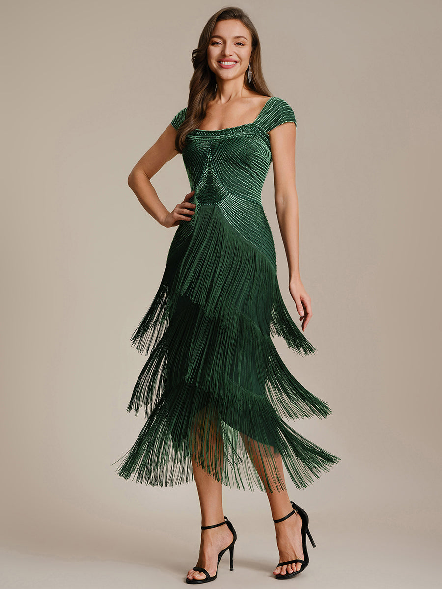 Women's Sleeveless Sequin Midi Party Dress with Fringe – Stretch