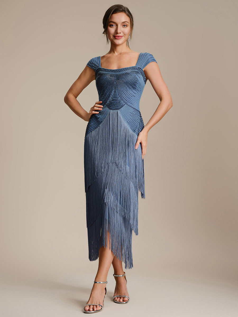 Women's Sleeveless Sequin Midi Party Dress with Fringe – Stretch