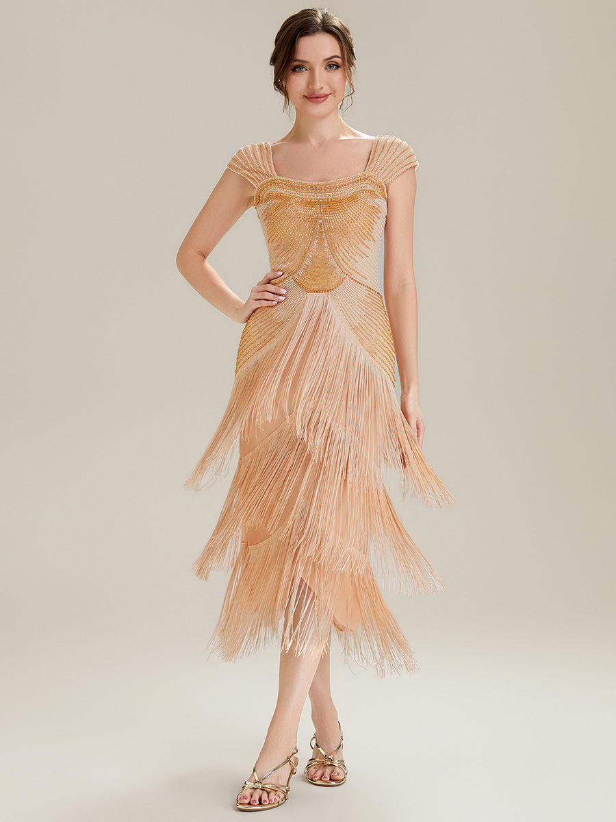 Women's Sequin Sleeveless Fringe Midi Dress – Gold