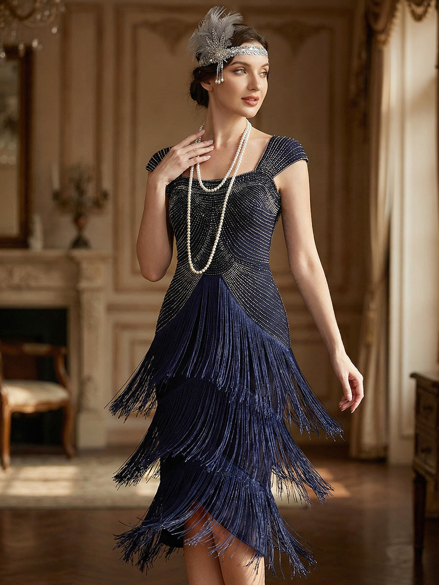 Women's Sequin Sleeveless Fringe Midi Dress – Navy Blue
