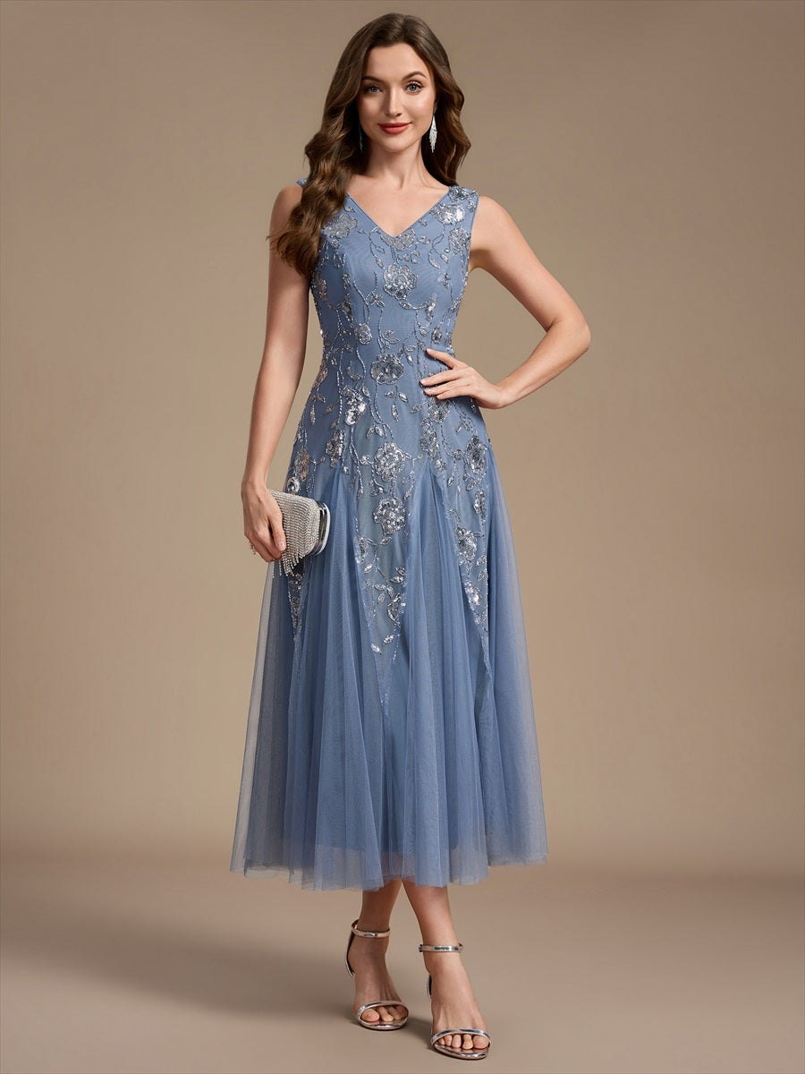 Women's Floral Sequin Midi Party Dress – Sleeveless, Stretch