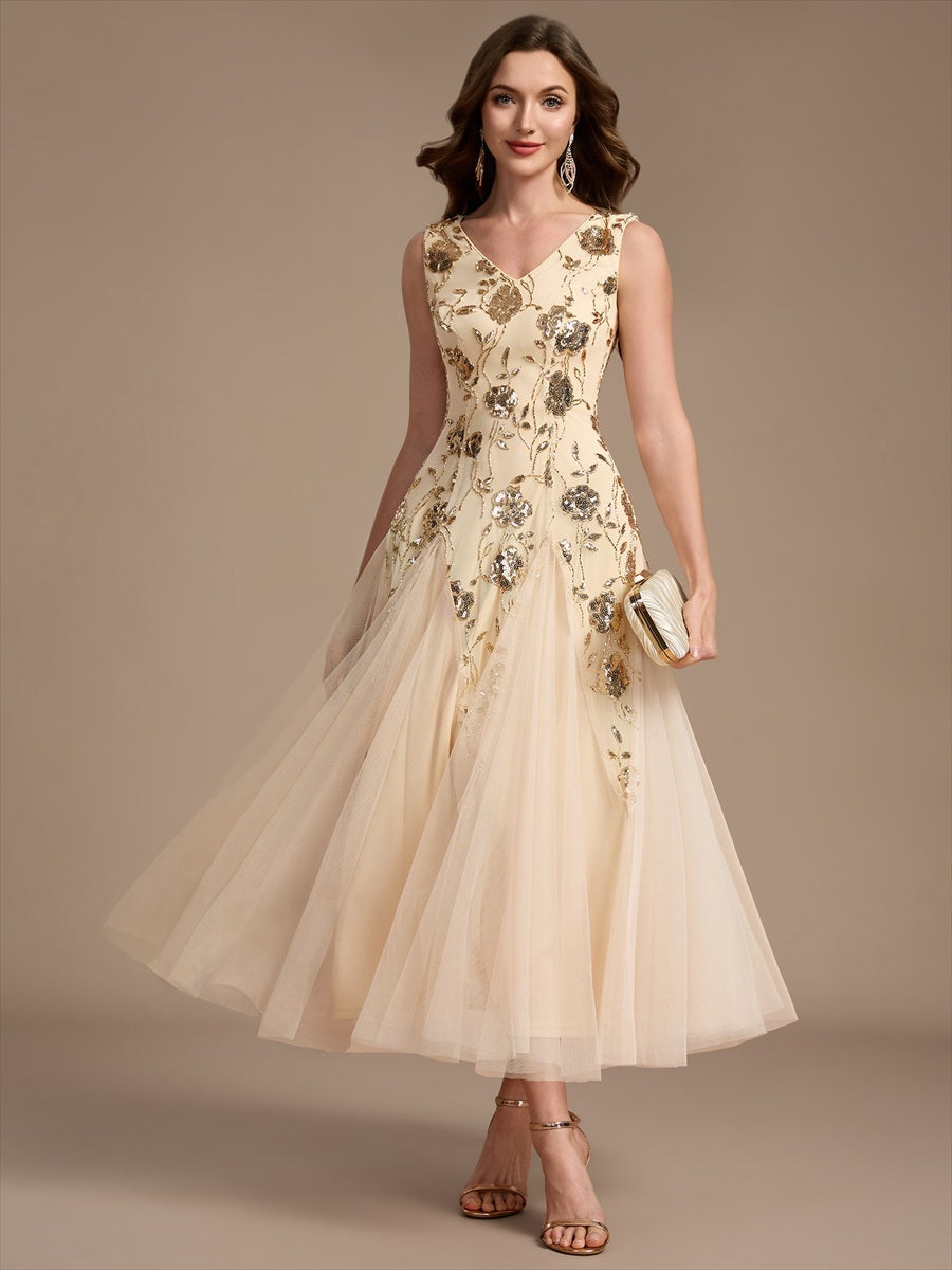 Women's Sequin Sleeveless Floral Midi Dress – Gold