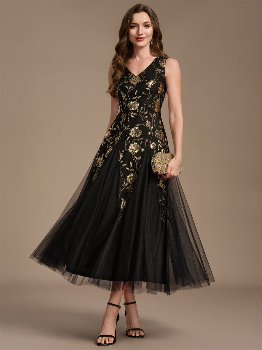 Women's Floral Sequin Midi Party Dress – Sleeveless, Stretch