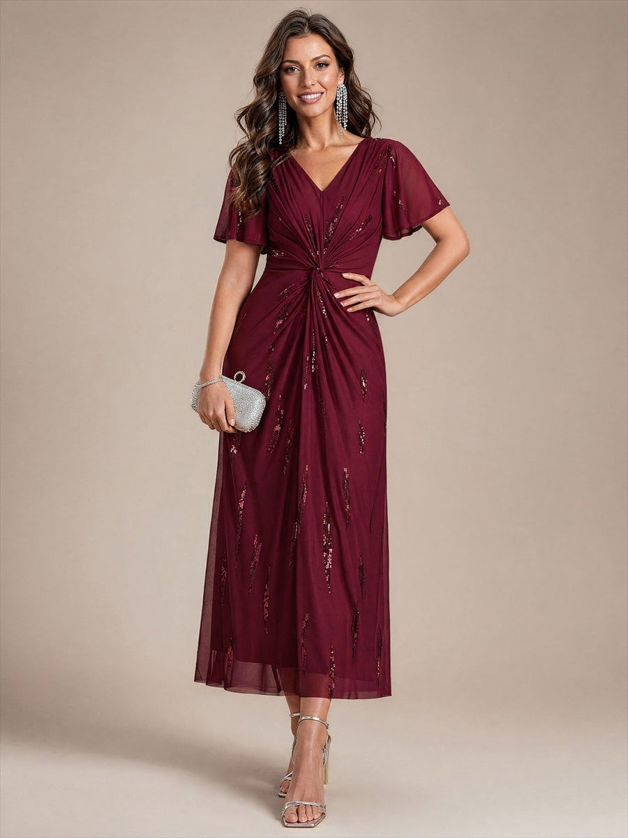 Women's Sequin Ruffled Ruffle Sleeve Tulle Midi Dress – Burgundy