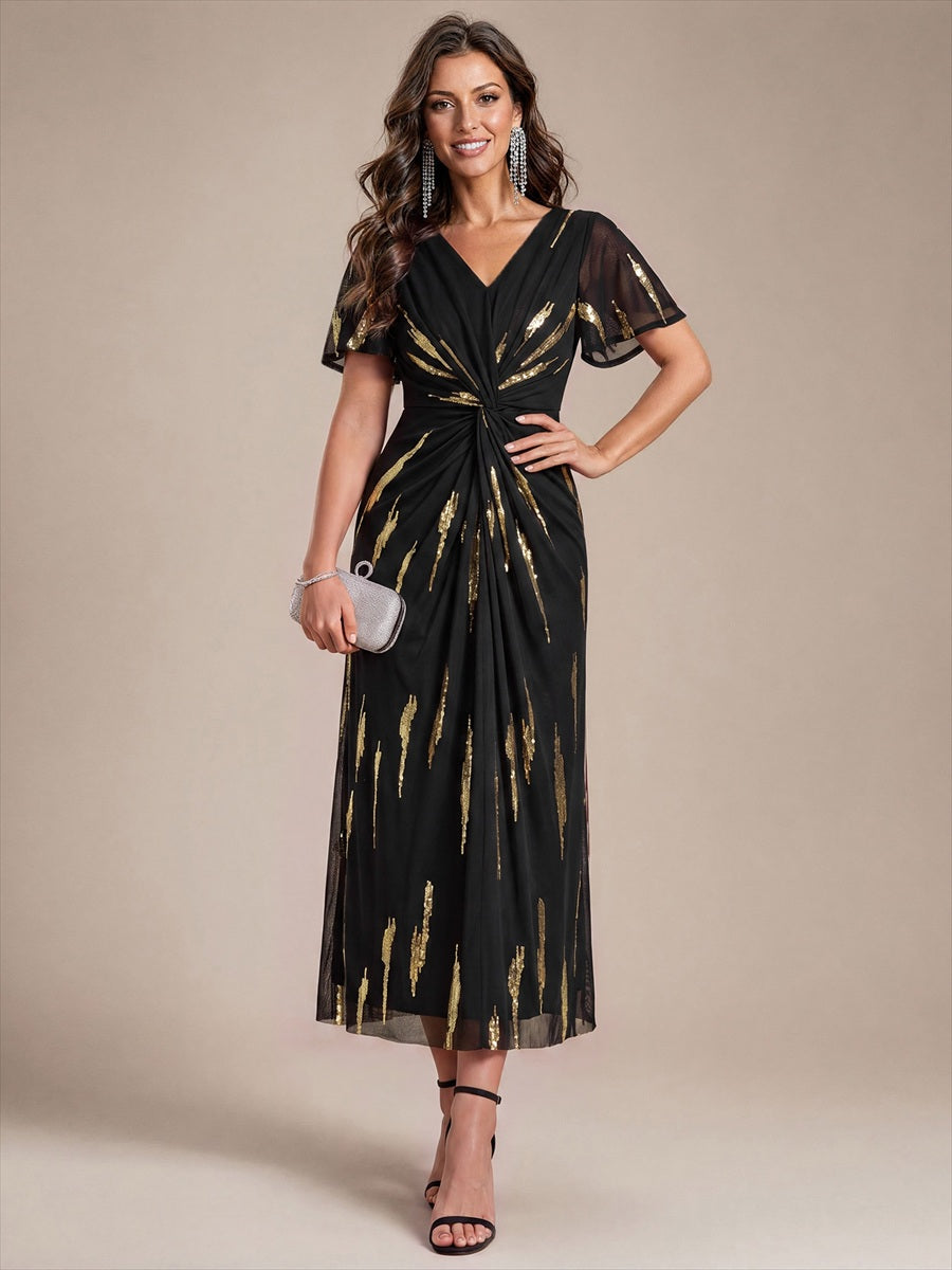 Women's Sequin Ruffled Ruffle Sleeve Tulle Midi Dress – Black & Metallic Gold