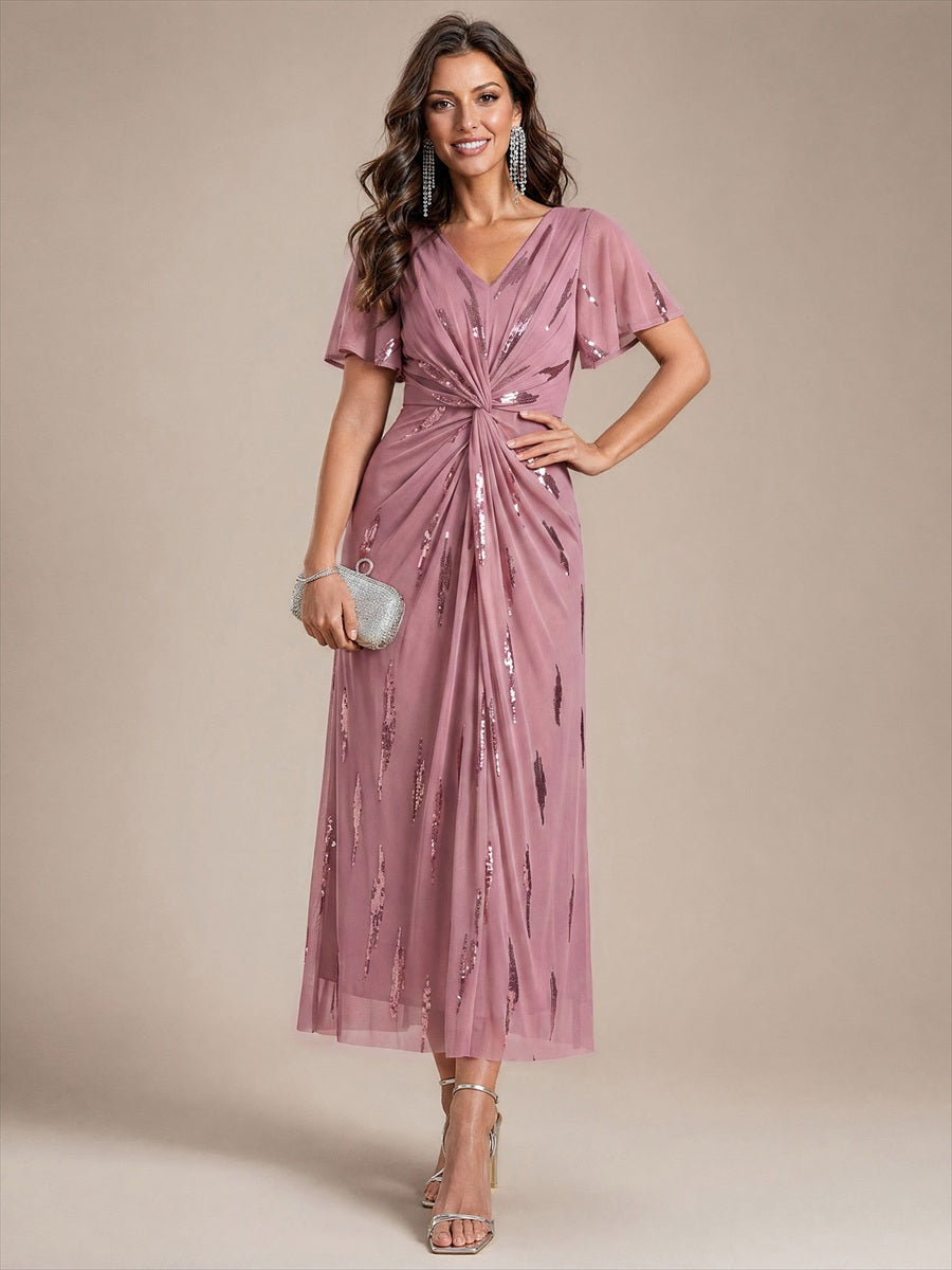 Women's Sequin Ruffled Ruffle Sleeve Tulle Midi Dress – Purple Orchid