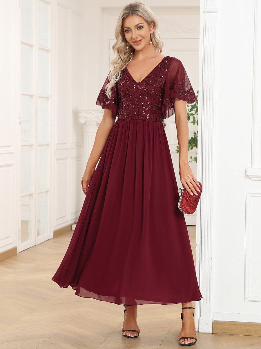 Women's Sequin V-Neck Midi Party Dress – A-Line, Short Sleeve