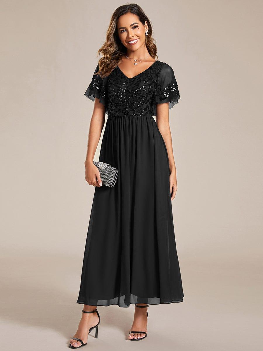 Women's Sequin V-Neck Midi Party Dress – A-Line, Short Sleeve