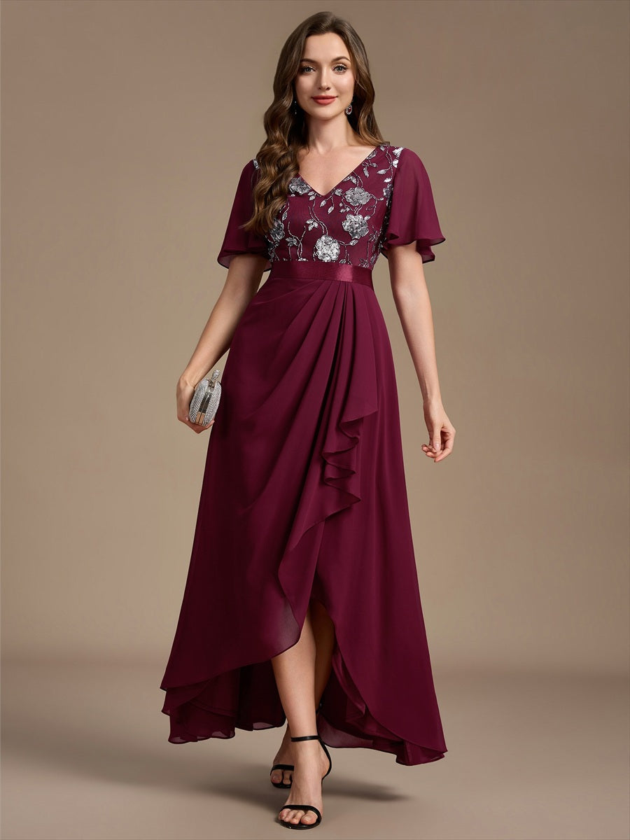 Women's Chiffon Sequin Maxi Party Dress – Ruffled, Stretch