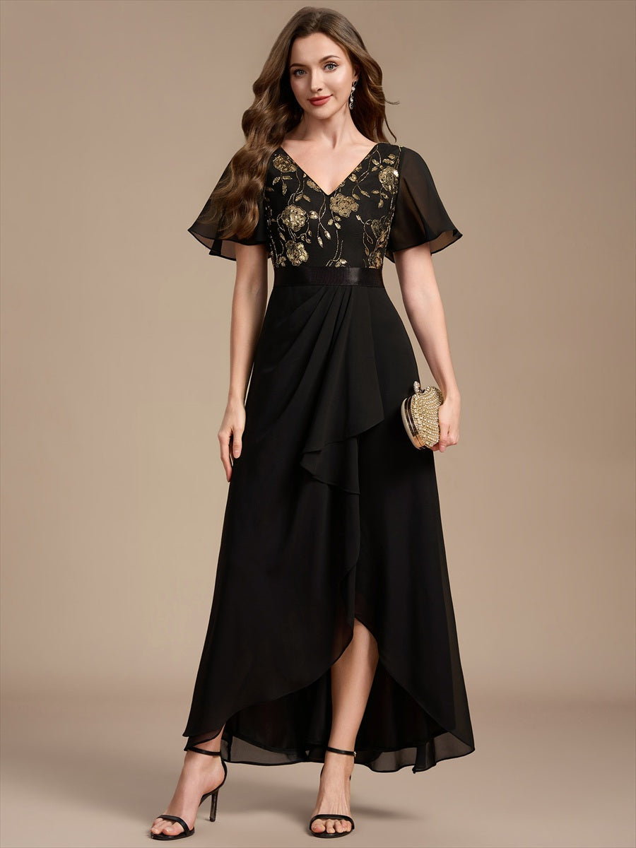 Women's Chiffon Sequin Maxi Party Dress – Ruffled, Stretch