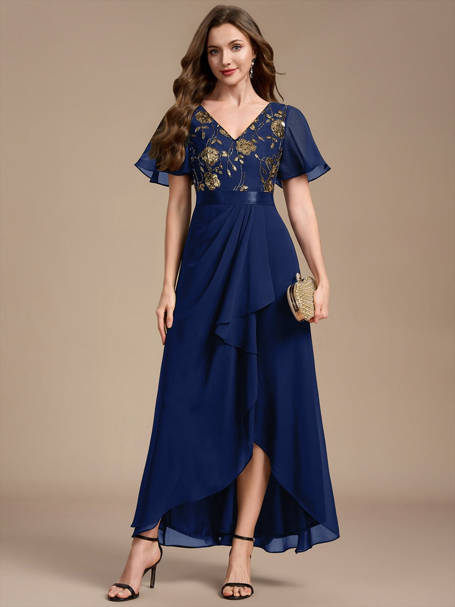 Women's Chiffon Sequin Maxi Party Dress – Ruffled, Stretch