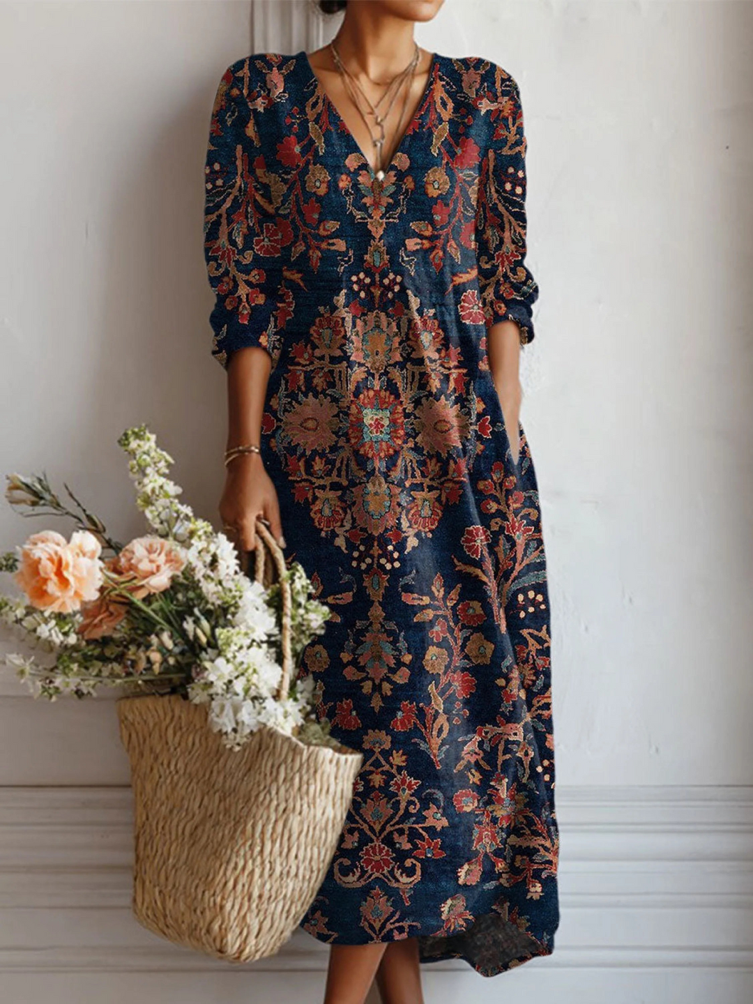 Multicolor Everyday Retro Floral Long Sleeve Dress for Women