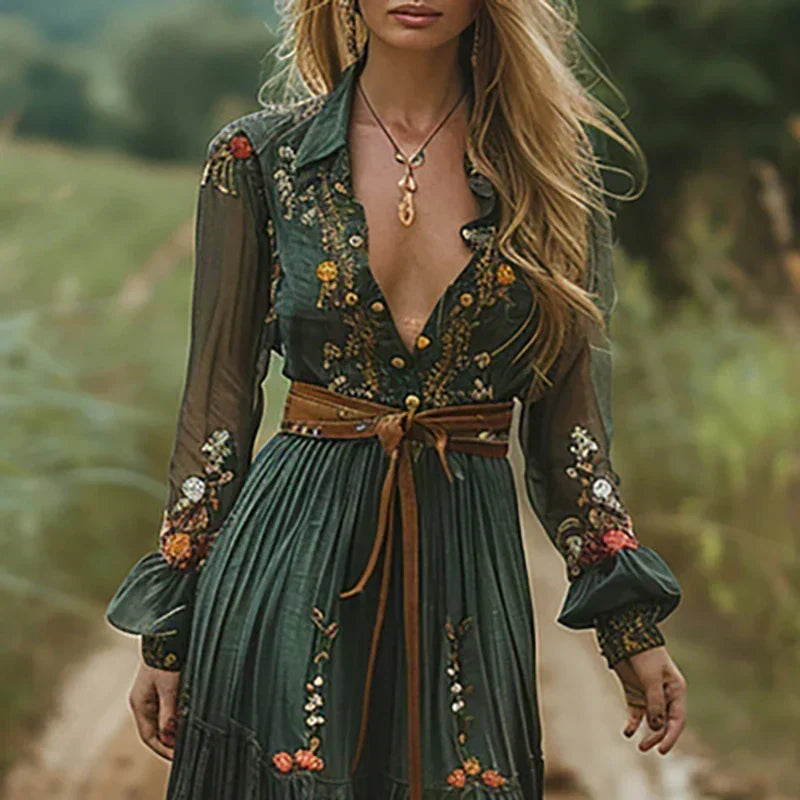 Green Embroidered Bohemian Maxi Dress for Women