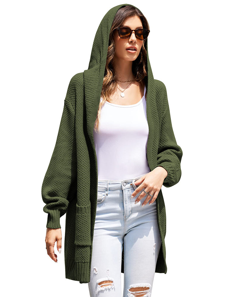 Women's Knit Hooded Open-Front Long Sleeve Cardigan – Army Green