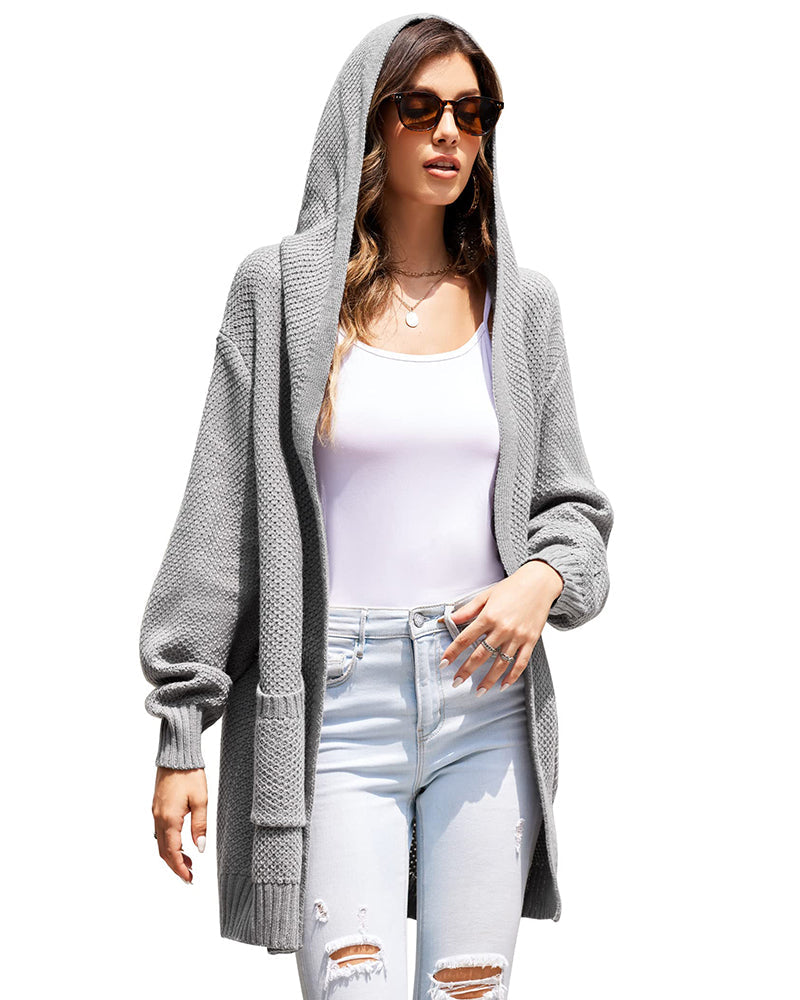 Women's Knit Hooded Open-Front Long Sleeve Cardigan – Gray