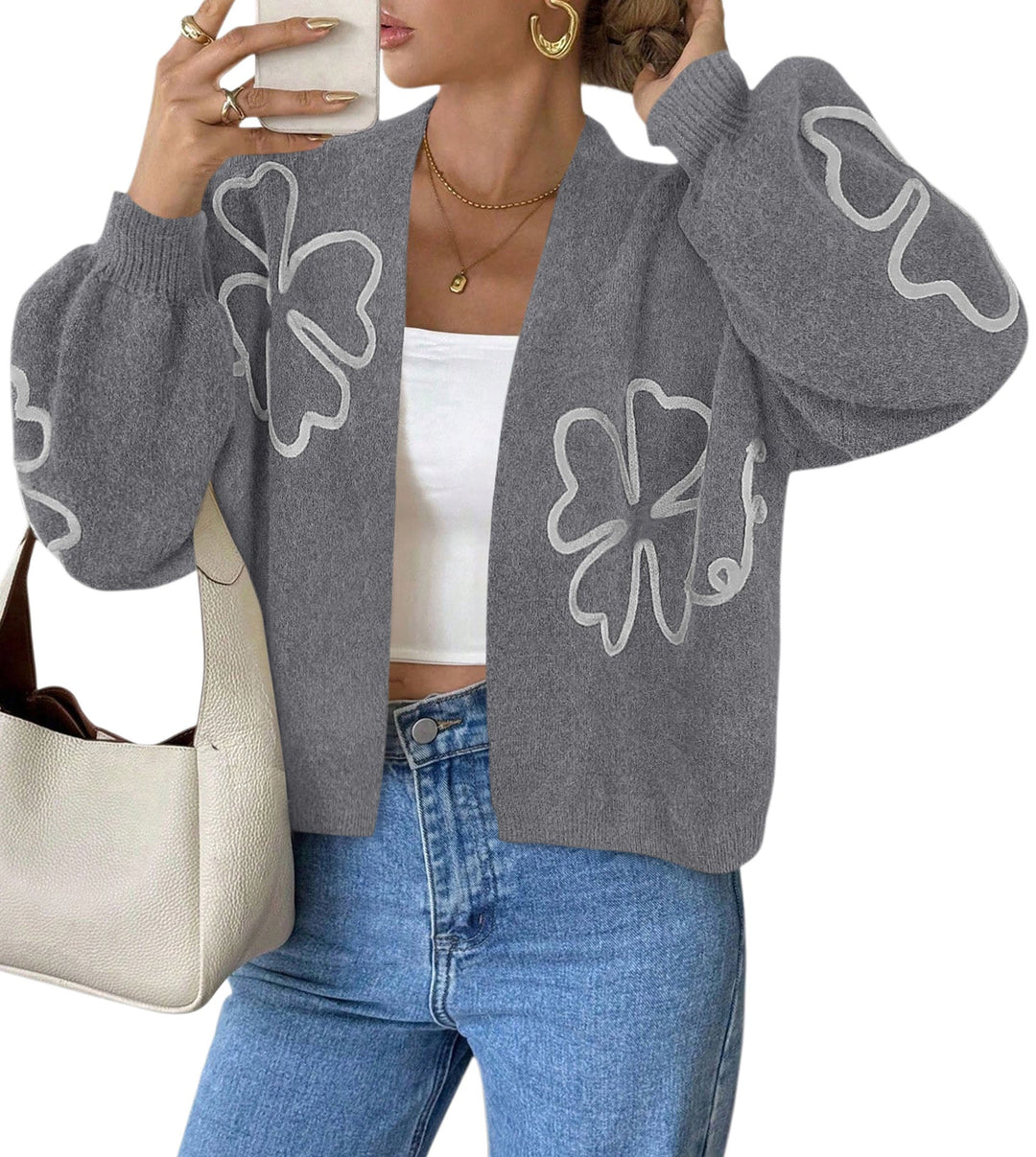 Women's Oversized Open-Front Floral Chunky Knit Cardigan – Long Sleeve