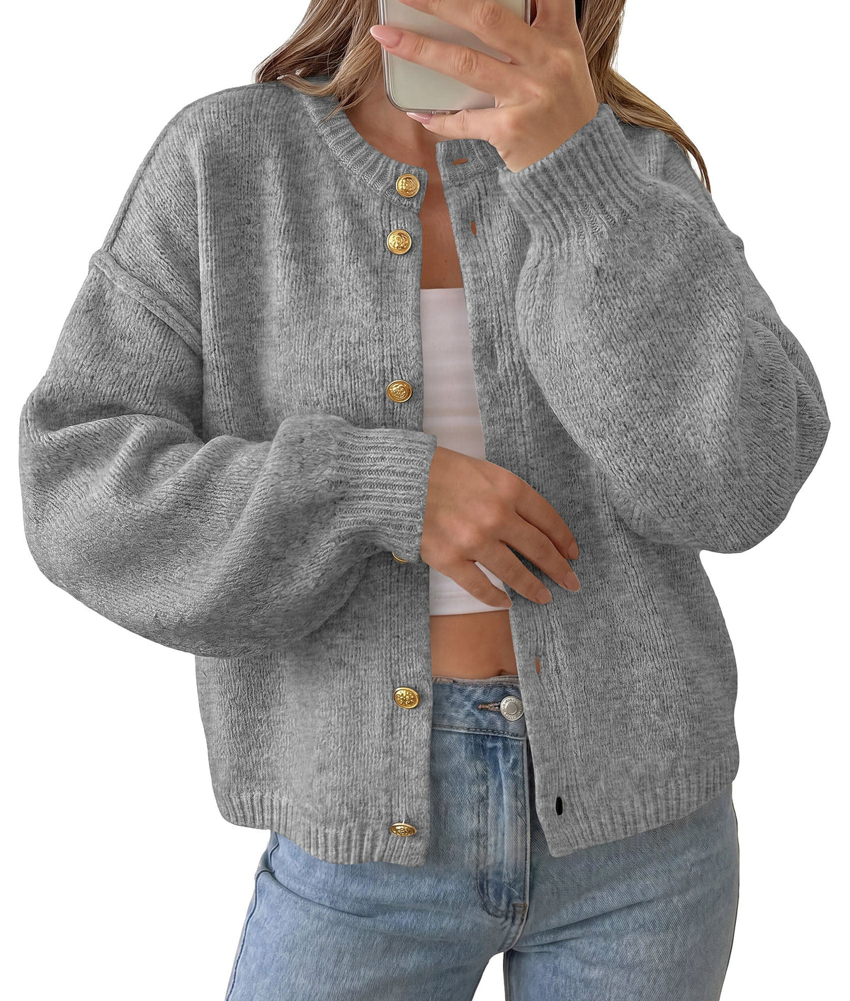 Women's Chunky Knit Oversized Button-Up Crew Neck Cardigan – Gray