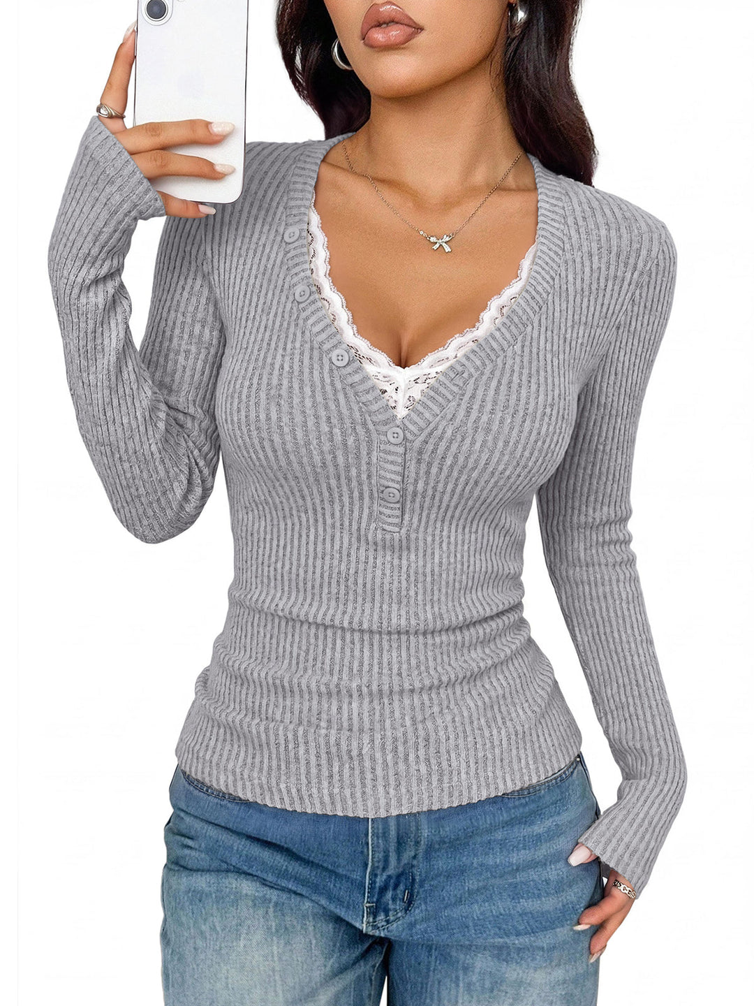Women's Slim-Fit Long Sleeve Knit V-Neck Sweater – Button-Front