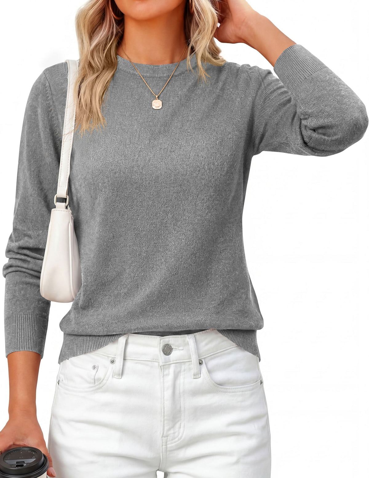 Women's Knit Crew Neck Relaxed-Fit Classic Sweater – Gray