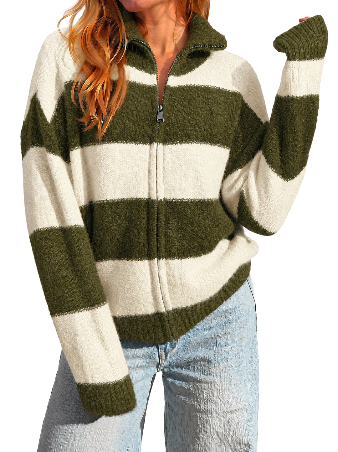Women's Striped Knit Cardigan – Yellow, Red, Navy, Army Green