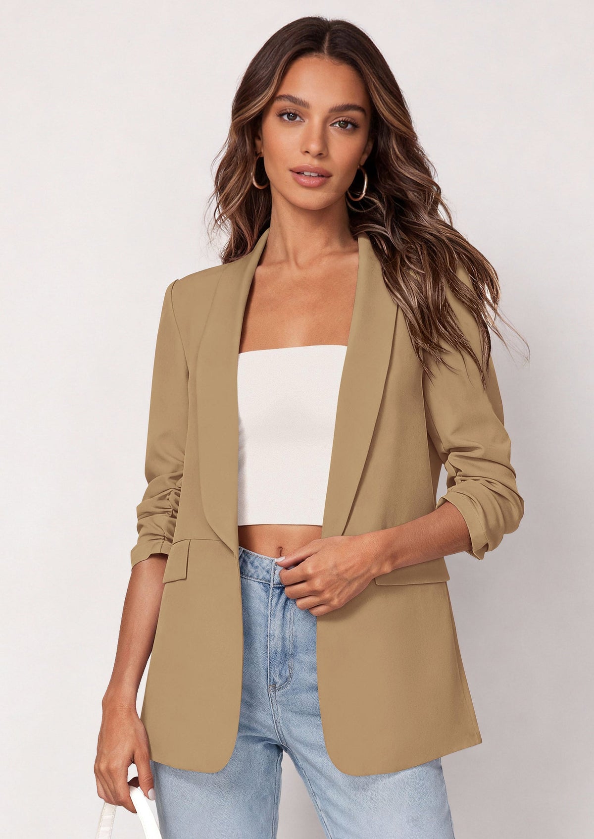 Women's Open-Front Ruched Lightweight Business Blazer – Khaki