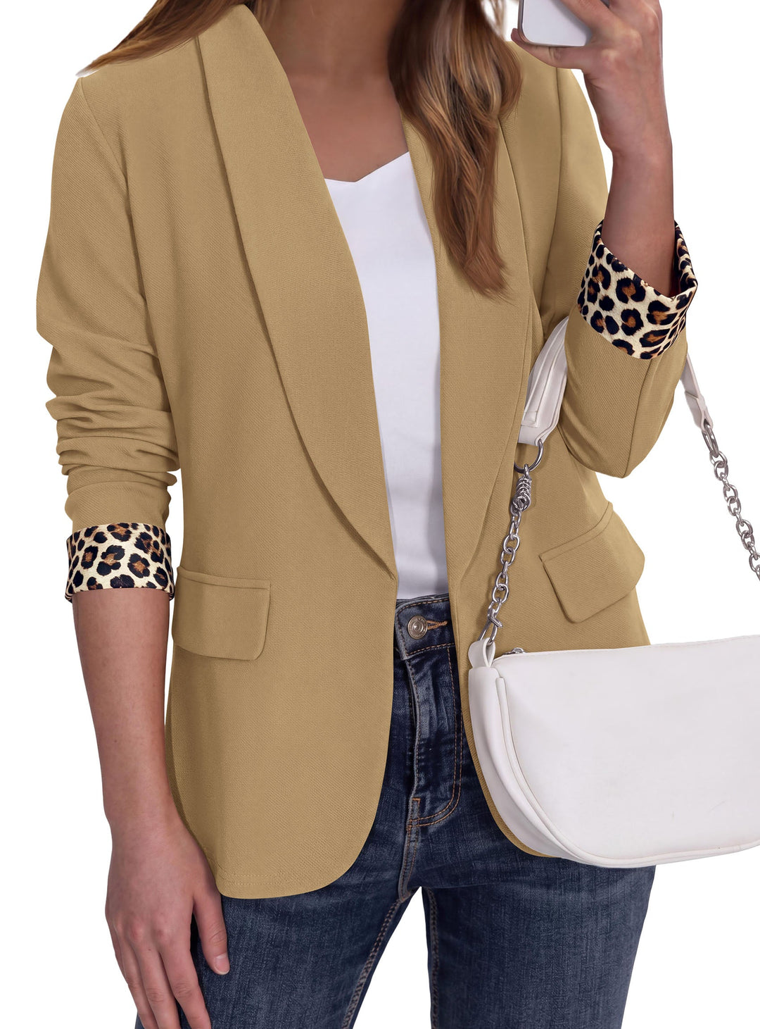 Women's Open-Front Leopard Print Blazer with Lapel Collar