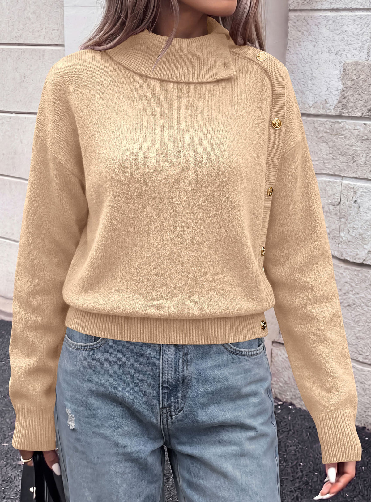 Women's Ribbed Knit Workwear Asymmetric Turtleneck Sweater – Khaki
