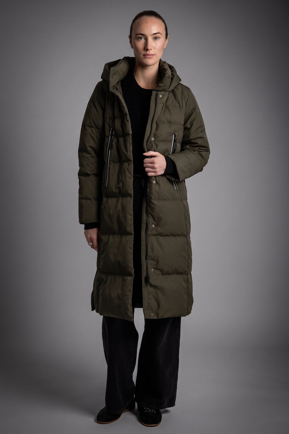 Women's Knee-Length Quilted Jacket – Army Green