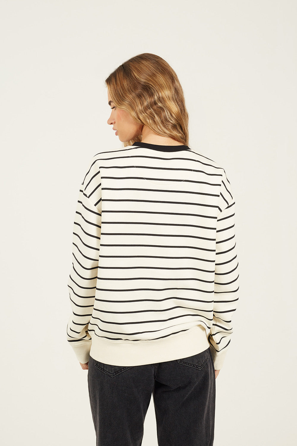 Women's Cotton Blend Crew Neck Striped Classic Hoodie – detail