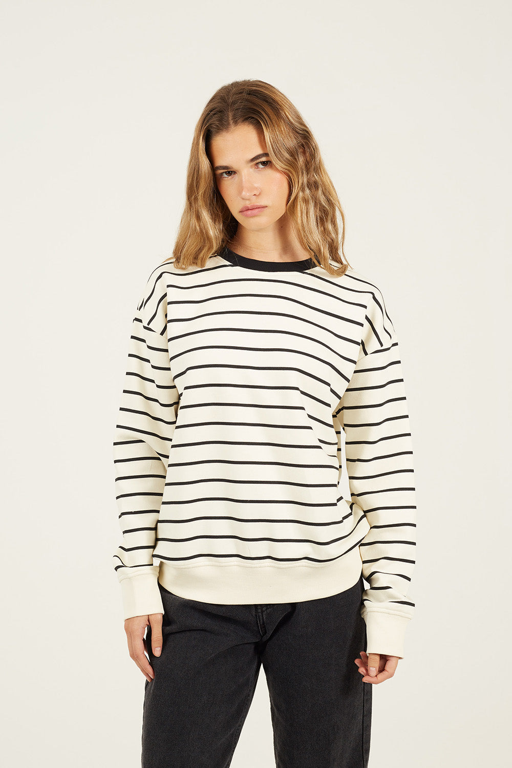 Women's Cotton Blend Crew Neck Striped Classic Hoodie – Cream