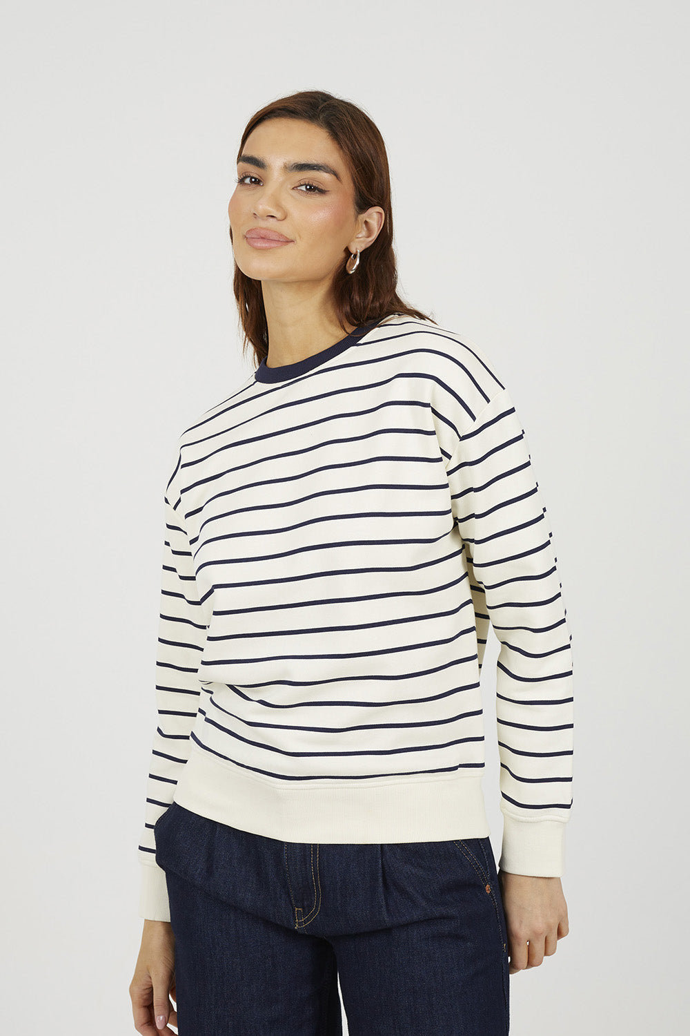 Women's Striped Cotton Blend Crew Neck Hoodie