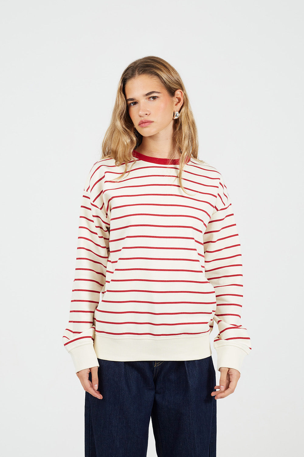 Women's Cotton Blend Crew Neck Striped Classic Hoodie – Red